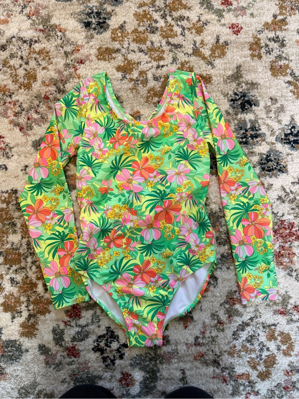 Long-Sleeve Kids Floral Swim Suit - Green Tropical Print
